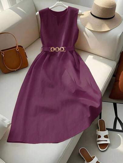 SHEIN Clasi Women's Elegant V-Neck Orange Midi Dress With Metal Ring Buckle Waist Belt, Fitted Waist Design, Spring/Summer