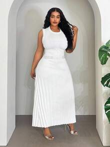 Veslaya 2025秋冬新款大码女装/秋季女装/返校季/校园装/Y2K/街头风/约会/工作/办公室/机场女装/派对/通勤/优雅/鸡尾酒会/朋克/颓废/情人节/通勤组合白色羊毛衫圆领无袖珍珠扣长裙 - 白色 - 查看 3