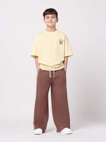 SUMWON Tween Boys Track And Field Embroidered Two Piece Set Cream Yellow Wide Leg Pants Oversized Jersey Summer Casual Fashion Co Ord Set