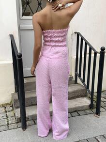 SHEIN PETITE Women's Short Set Plaid Tube Top & Wide Leg Pants, Loose Fit, Tie Design, Casual Vacation 2 Pieces Outfit - Pink - View 2