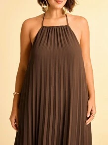 CAJUNI Plus Size Women's Boho Brown Pleated Halter Tie-Up Tassel Sleeveless Casual Summer Dress - Brown - View 5