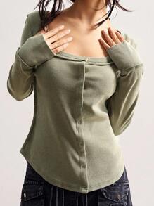 Bohemela Áo thun dệt trơn cổ điển dành cho nữ, phong cách Bohemian giản dị ngày độc lập, mùa thu - xanh quân đội - Xem 3