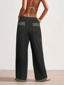 Bohemela 波西米亚风西式纯色梭织低腰宽松直筒女式水洗裤 - 黑色 - 查看 2