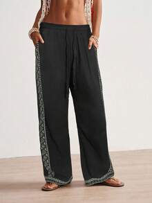 Bohemela 波西米亚风西式纯色梭织低腰宽松直筒女式水洗裤 - 黑色 - 查看 5