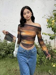 SHEIN Vintage Ombre Leopard Print Off Shoulder Flare Sleeve Elegant T-Shirt For Teen Girls