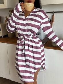 SHEIN Plus Size Comfortable Striped Print Robe, Fall & Winter  Cozy And Elegant Details - Purple - View 1