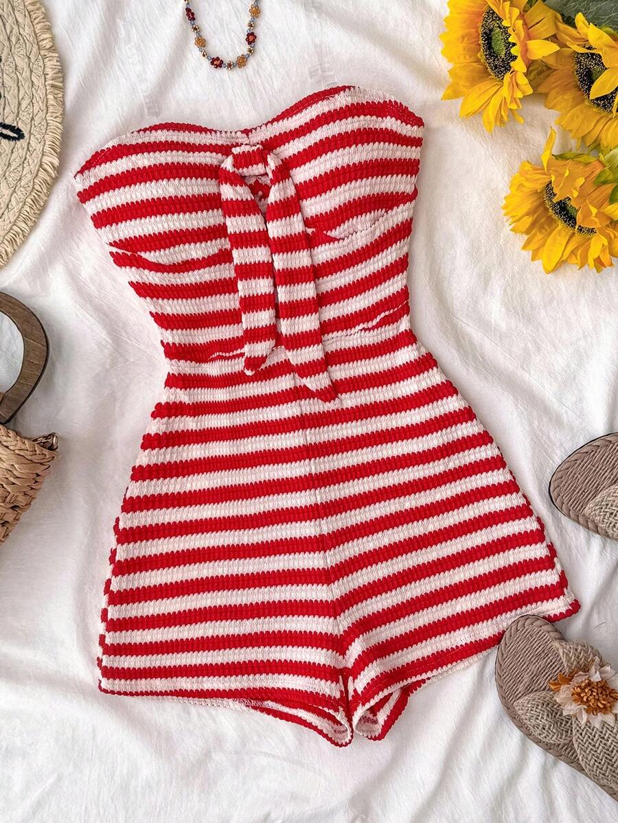 SHEIN 少女度假条纹针织红白针织褶皱面料抹胸吊带领蝴蝶结连体裤，舒适贴身，适合派对、情人节，可作为内衣或外套穿着 - 紅白色 - 查看 1