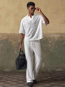 AKNOTIC Men's Textured Short Sleeve Loose Elastic Polo Shirt And Pants Set - Apricot - View 7