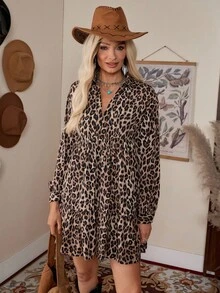 LanaWest 豹紋圖案荷葉邊下擺娃娃洋裝