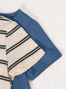 SHEIN Conjunto de verano de 4 piezas para bebé niño y niña, que incluye camisetas informales de manga corta con patrones de caricaturas y rayas en estilo coreano y pantalones cortos con cintura elástica y bolsillos prácticos - Azul - Ver 6