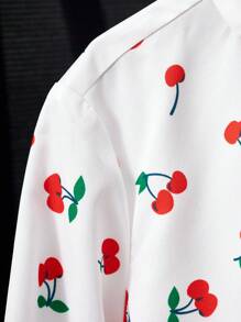 Girls' Minimalist Chic Sweet White Base Red Cherry Pattern Long Sleeve Shirt Cherry Shirt Cherry Print Shirt Fruit Print Shirt Girls Cherry Shirt