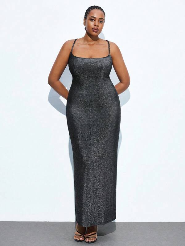 Maija Plus Size Black Glitter Bodycon Mini Dress, Black Metallic Slip Dress, Backless Criss-Cross Dress, Extra Long Dress, Outerwear Top, Graduation Dress, Teacher Outfit, Outerwear Top, Women's Business Casual Wear, Plus Size Fall Outfit, Women's Night Out Attire, Plus Size Women's Business Casual Wear Halloween Christmas National Day Clothes New Year Clothes