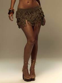 MUSERA Knitted Layered Fray Mini Skirt Summer, Vacation, Festival, Y2k Ibiza Beach Holiday Rave  Fall Winter  Winter Elegant Party Evening New Years Party - Brown - View 2