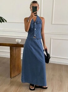 DAZY Conjunto de chaleco de escote en V y falda de mezclilla estilo occidental para mujer, para verano - Azul lavado oscuro - Ver 3