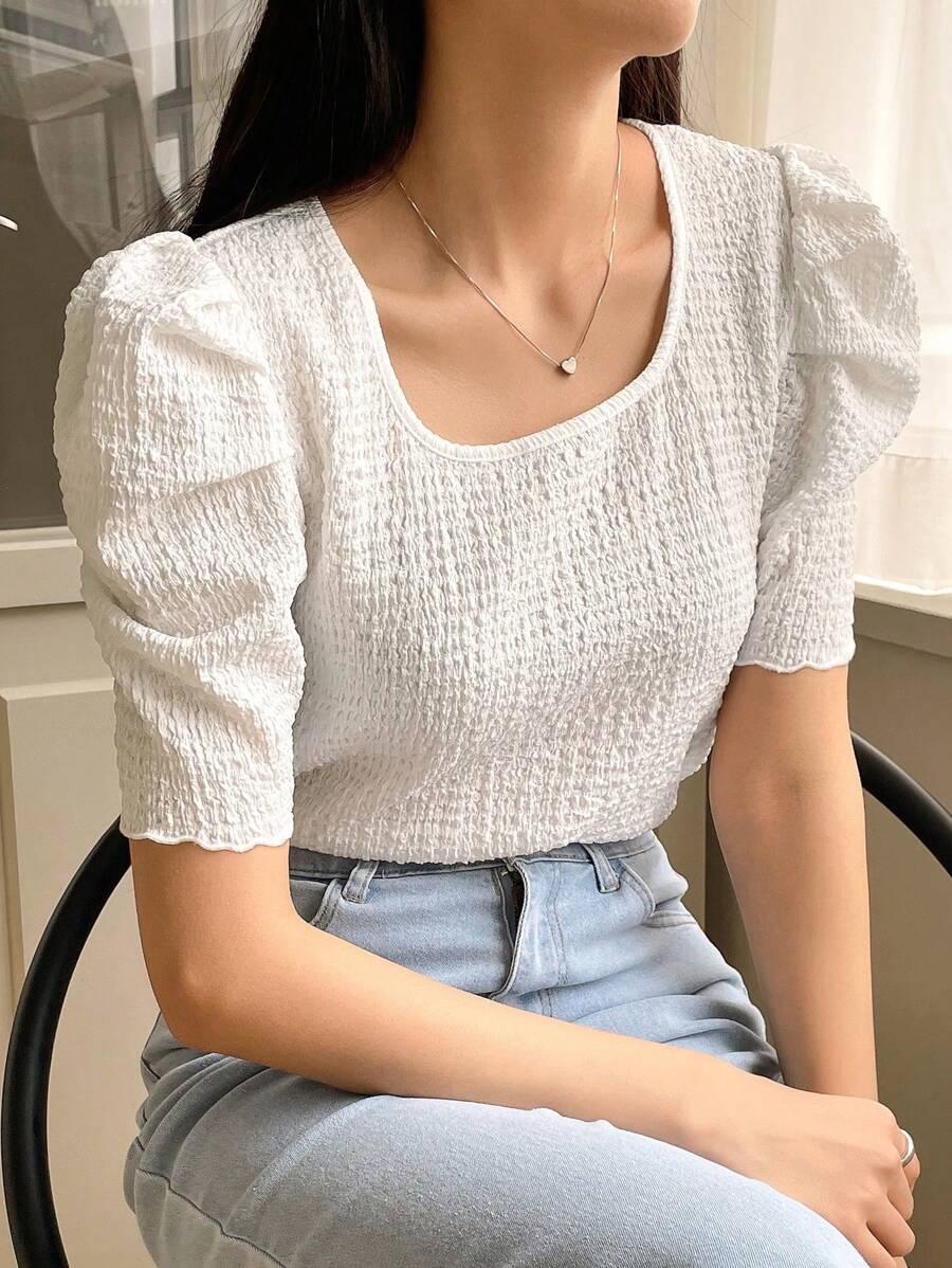 DAZY 圓領蓬蓬袖t恤 - 白色 - 查看 1