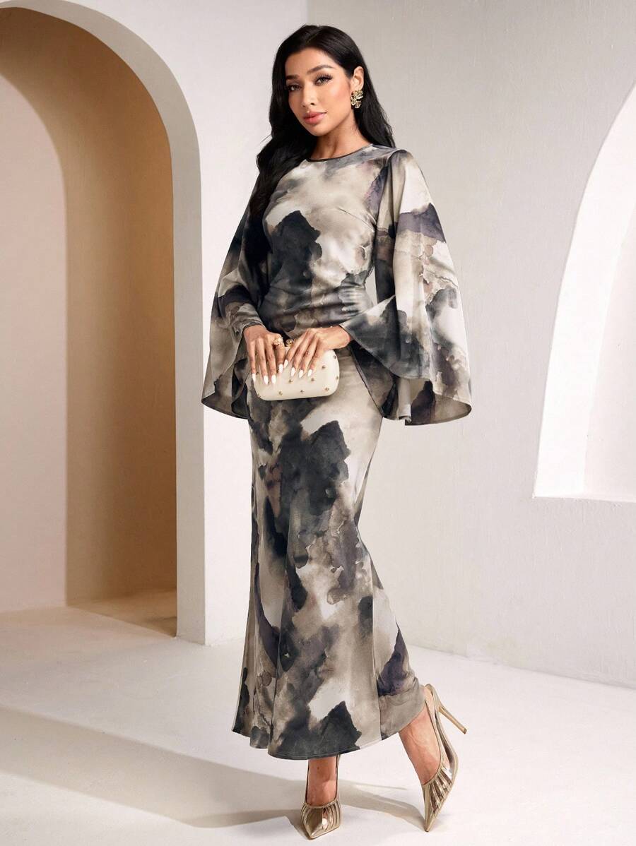 Veilorie 女士优雅扎染印花斗篷袖连衣裙 - 彩色 - 查看 1