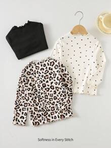 Cozy Pixies Set da 3 pezzi di magliette a maniche lunghe con volant all'orlo, con stampa a cuore, stampa leopardata e tinta unita, per ragazze giovani