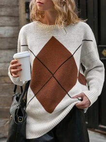 EURMUSE Women's Geometric Pattern Round Neck Drop Shoulder Long Sleeve Loose Casual Sweater,Jumper,Cream Jumper,Jumpers,Black Jumper,Womens Jumper,White Jumper,Women's Jumper,Women's Jumpers,Winter Clothes - Beige - View 1