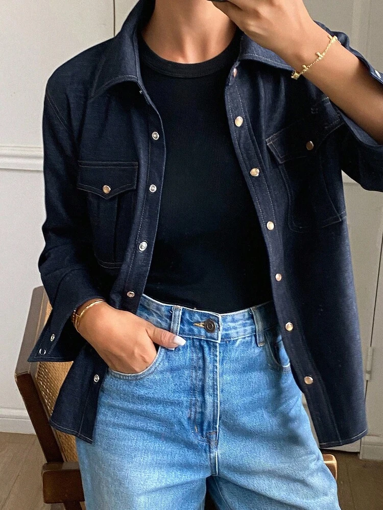 Women's Casual Elegant Contrast Color Striped Collared Pocket 3/4 Sleeve Blouse, Suitable For Spring And Autumn