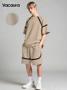 SHEIN Vacaura 2 件套青少年春夏秋季插肩袖拼色条纹短袖 T 恤和口袋短裤休闲运动时尚服装 - 卡其色 - 查看 1