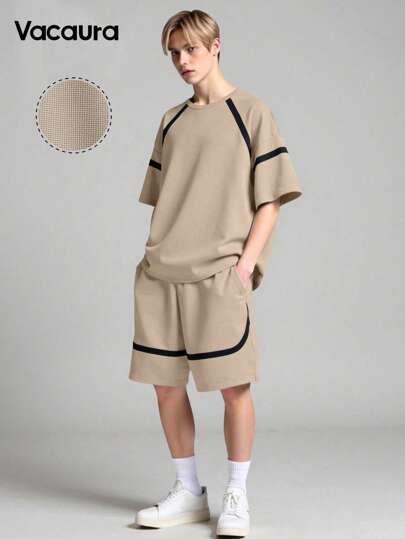 SHEIN Vacaura 2pcs/Set Teenager's Spring/Summer/Autumn Raglan Sleeve Colorblock Striped Short Sleeve T-Shirt And Pocket Shorts Casual Sports Fashion Outfit