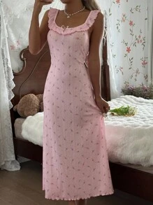 CottageSlumber 女式碎花睡袍，荷叶边领，可爱舒适的长裙 - 粉色 - 查看 1