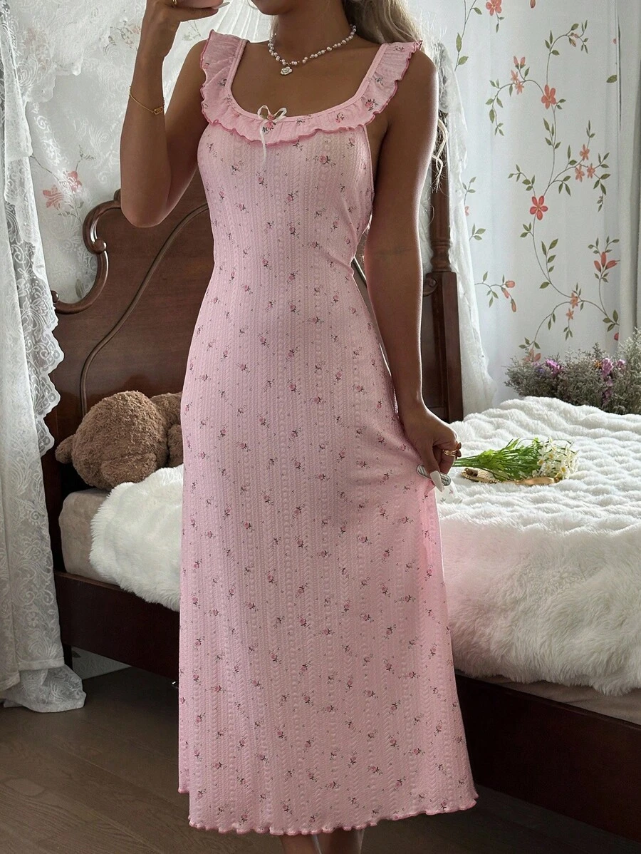 CottageSlumber 女式碎花睡袍，荷叶边领，可爱舒适的长裙 - 粉色 - 查看 1