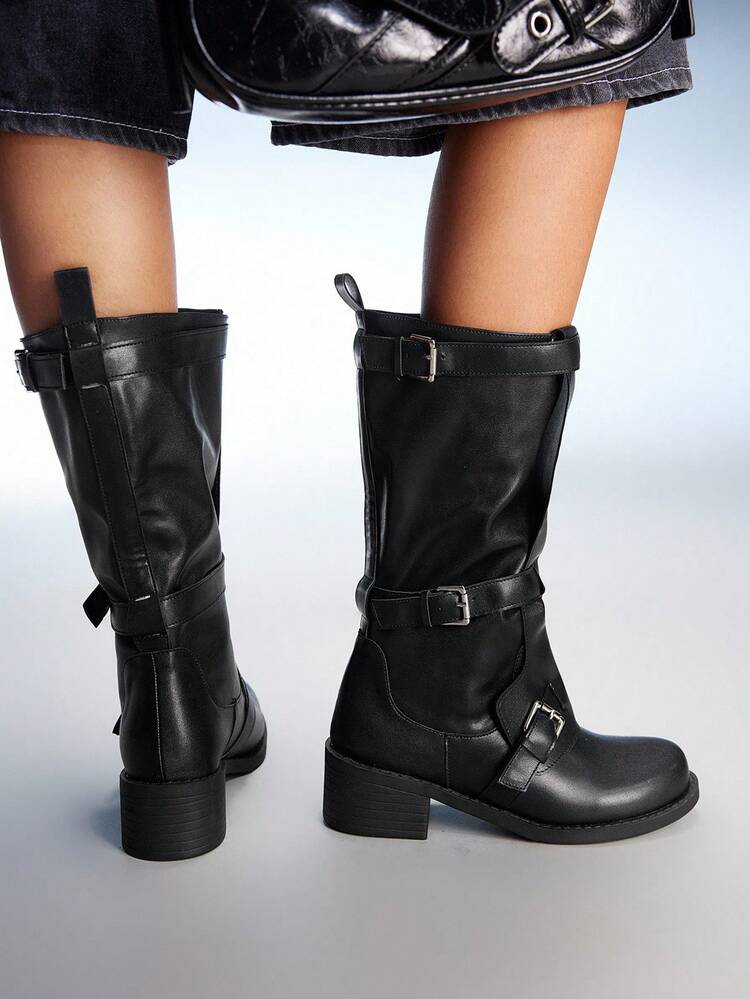 CUCCOO GRLICON Round Toe Molded Sole Black Bow Decor Ruched Design Women's Mid-Calf Boots, Suitable For Back To School, Halloween, Christmas, Party Outfits