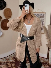 LanaWest Chunky Knit Drop Shoulder Cardigan,Long Sleeve Tops - Khaki - View 6