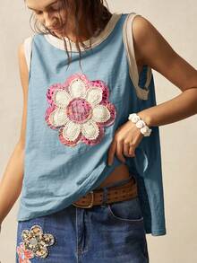 Bohemela Solid Color Knitted Sleeveless Loose Fit Tank Top For Women Flower Tank Top Boho Tank Top Women Cotton Tops Women Summer - Multicolor - View 4