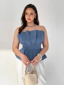 Auralis Damen Große Größen Trägerloses Shirt, Herbstmode für Damen, Blaue Oberteil Tops Y2K Süße Tops für Damen Off-Shoulder Top