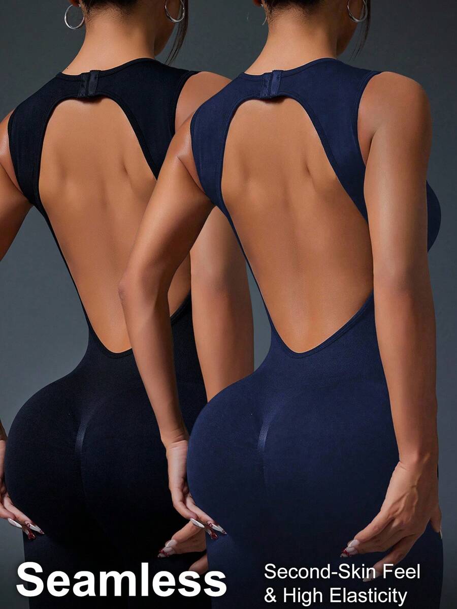 Slayform Bộ 2 bộ đồ liền thân thể thao bó sát hở lưng màu trơn - Nhiều màu - Xem 1