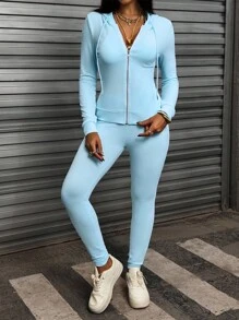 SHEIN 2pcs Women Solid Color Zip Up Hoodie Jacket & Pants Casual Outfit, Spring & Fall