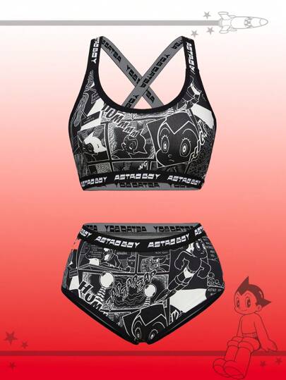 Astro Boy X ROMWE Cartoon Figure Graphic Elastic Criss-Cross Back Bralette & Thong Lingerie Set