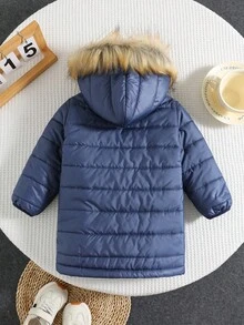 SHEIN Veste à capuche en polaire épaisse unisexe pour bébé avec col en fourrure, bleu foncé, convenant à l'automne/l'hiver, polyvalente pour l'intérieur, l'extérieur, le quotidien, les sports, les jeux, les fêtes, les séances photo, les vacances, les festivals, les raves, le ski