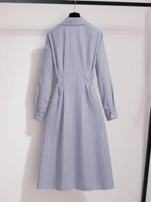 Franclia Cross V-Neck Pleated Button Striped Dress For Women All White Casual Outfits Spring Fall Cloth For Women - Blue - View 2