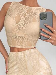 Siren Gaze Black Top + Pants Set Lace Blouse + High-Waisted Flare Lace Knit Pants, Women's 2 Pieces Set Black Mesh Sheer Lace Jacquard Sexy Party Outfit For Women Summer Elegant - Apricot - View 6