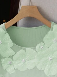 Elenzga 优雅蓝色3D花卉装饰女式T恤 - 綠色 - 查看 4