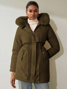 Aveloria Modichic 女士休闲纯色抽绳腰仿毛领连帽加厚棉服外套，冬装 - 咖啡棕 - 查看 5