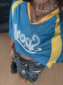 Coolane 女士夏季节日运动服街头服饰外出运动服图案拼布短款针织T恤 - 藍色 - 查看 6