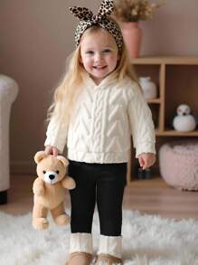 SHEIN 2 件婴幼儿女童休闲保暖羊毛连帽衫套装和黑色拼布裤，适合秋冬季日常穿着 - 杏色 - 查看 1