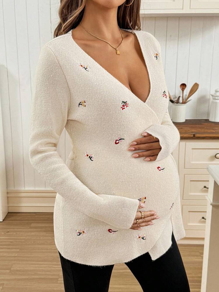 SHEIN Gravida kvinnor, avslappnad broderad omlotttröja med knytband, höst/vinter - Vitt - Visa 6