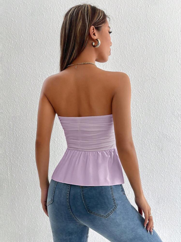 SHEIN PETITE Top corto con volante y espalda descubierta para mujer - Púrpura malva - Añade 2