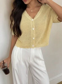 SHEIN PETITE 女士浅黄色短袖羊毛针织开衫 - 黃色 - 查看 7