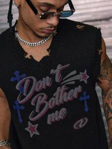 AXEPEAK 男士休闲无袖针织上衣，带有做旧图案印花，适合秋冬穿着 - 黑色 - 查看 2