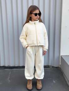 Young Girls' Solid Color Fleece Zip-Up Stand Collar Winter Coat Fall - Beige - View 5
