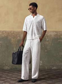 AKNOTIC Men's Textured Short Sleeve Loose Elastic Polo Shirt And Pants Set - Apricot - View 6