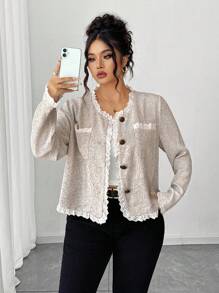 Elenzga Plus Size Women Elegant Lace Trim Cardigan Fall Winter Cloth For Women Autumn - Multicolor - View 6