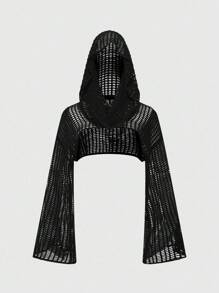 ROMWE Grunge Punk Women's Y2K Versatile Mesh Hollow Long Sleeve Hooded Sweater - Black - View 3