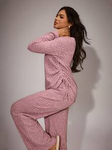 SHEIN 女士休闲拉绒 V 领褶饰抽绳女士长袖上衣和裤子睡衣两件套休闲套装，罗纹休闲套装，舒适套装女士粉色休闲套装舒适套装，秋季服装 - 藕粉色 - 查看 5